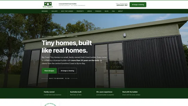 Tiny home builder website design Gold Coast for Big Coast Tiny Homes